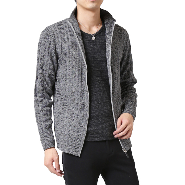 リブ編みニット メンズ ジャケット スタンド ジップアップ