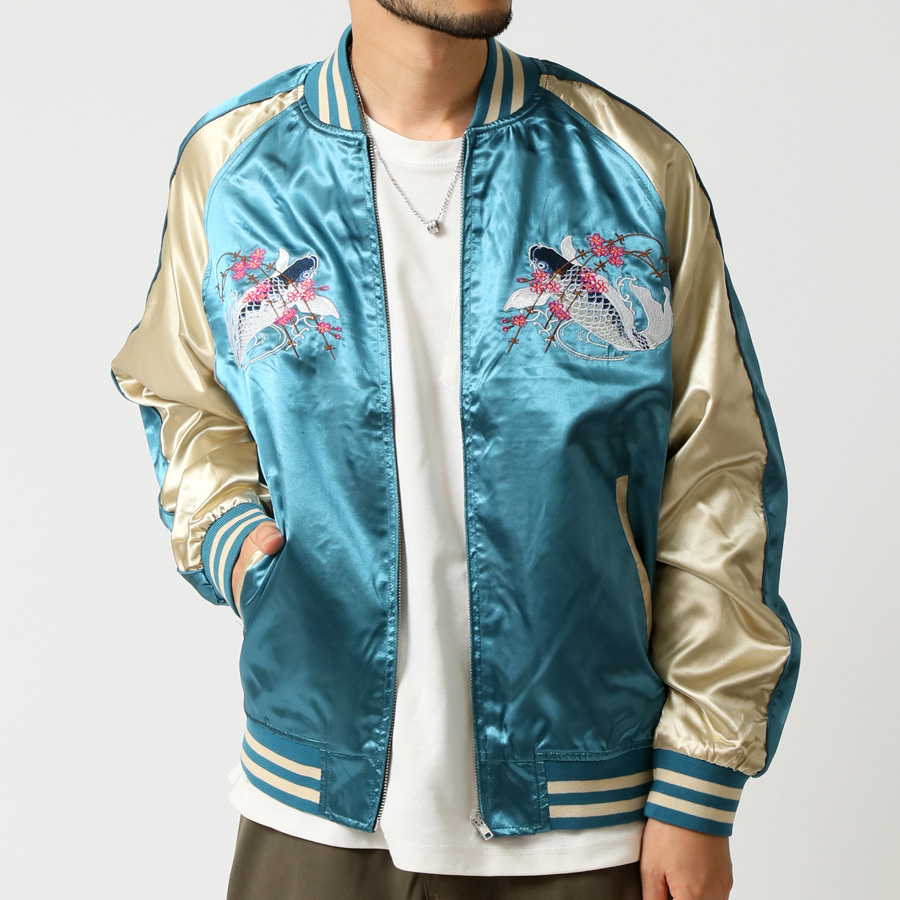 刺繍入り スカジャン メンズ 和柄 龍 鯉 風神 雷神 ジャンパー