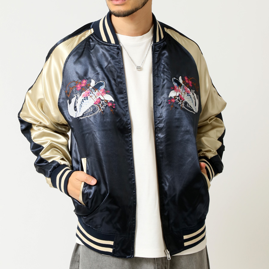 刺繍入り スカジャン メンズ 和柄 龍 鯉 風神 雷神 ジャンパー