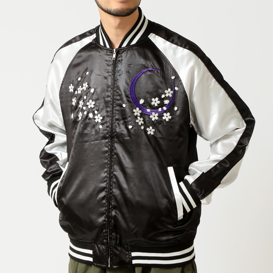 90s　ビンテージ　サテン　スカジャン　和柄　風神雷神　アーム刺繍　シルバー　黒 刺繍入り スカジャン メンズ 和柄 龍 鯉 風神 雷神 ジャンパー