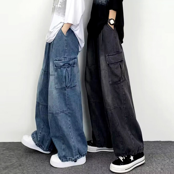 ワイドパンツ メンズ デニムカーゴパンツ ビンテージウォッシュ 裾絞り 