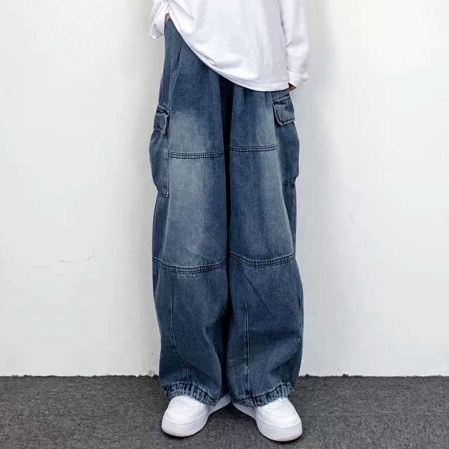 ワイドパンツ メンズ デニムカーゴパンツ ビンテージウォッシュ 裾絞り