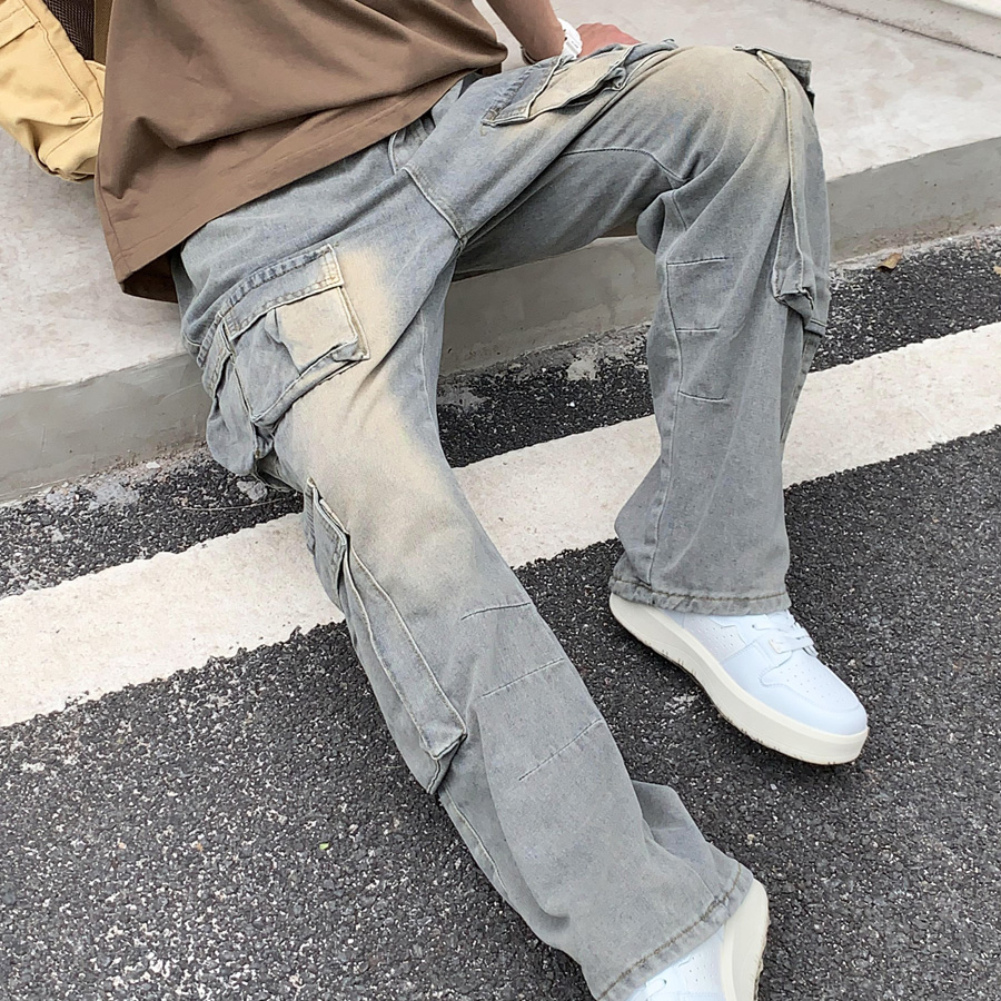 多ポケット フレアカーゴデニム ユーズド加工 カーゴパンツ