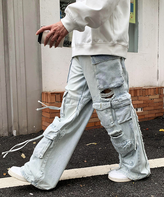 ワイドカーゴ デニムパンツ メンズ ダメージジーンズ クラッシュ 