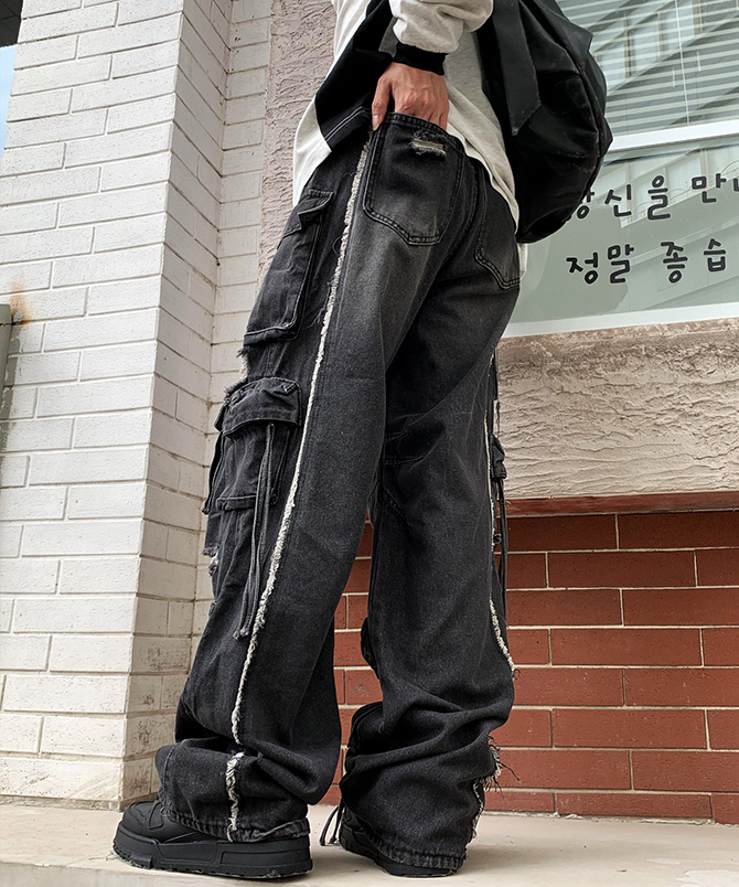 ワイドカーゴ デニムパンツ メンズ ダメージジーンズ クラッシュ
