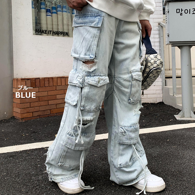 ワイドカーゴ デニムパンツ メンズ ダメージジーンズ クラッシュ