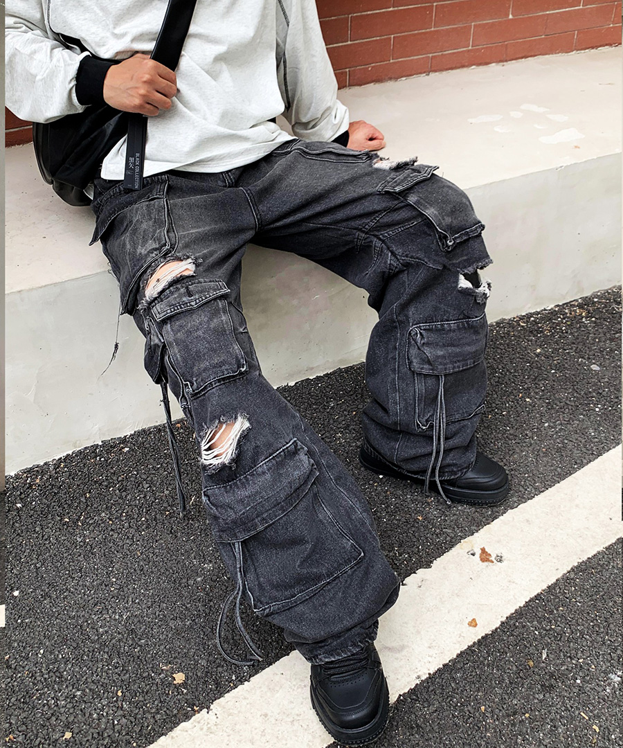 ワイドカーゴ デニムパンツ メンズ ダメージジーンズ クラッシュ