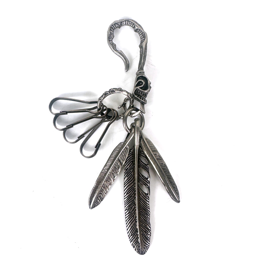 4連キーリング スカルフック キーホルダー フェザー シルバー