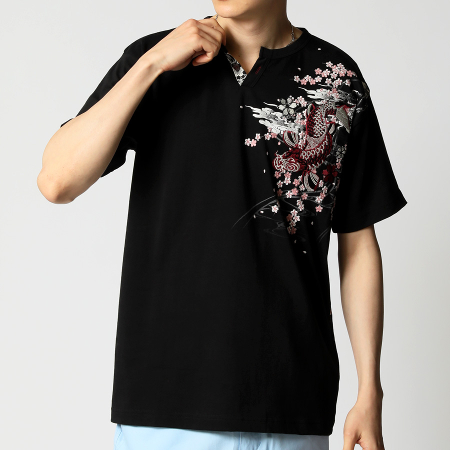 和柄シリーズ Tシャツ メンズ 刺繍プリント 龍 鳥 鯉 花 バックプリント 半袖 トップス