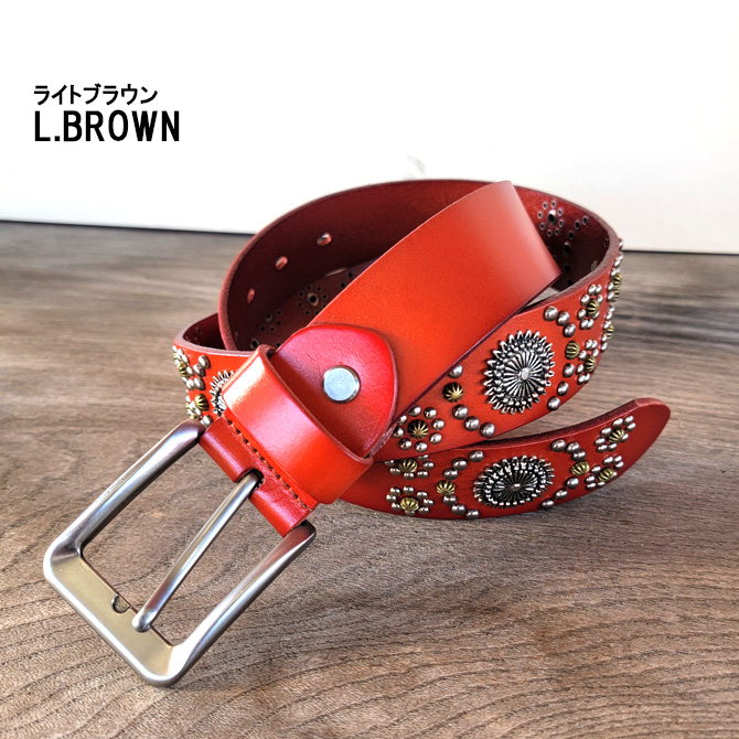 レザーベルト 本革 フラワーアレンジ スタッズベルト メンズ