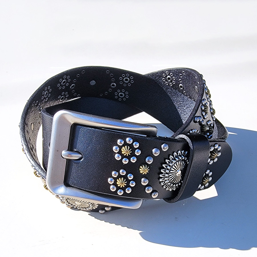 レザーベルト 本革 フラワーアレンジ スタッズベルト メンズ