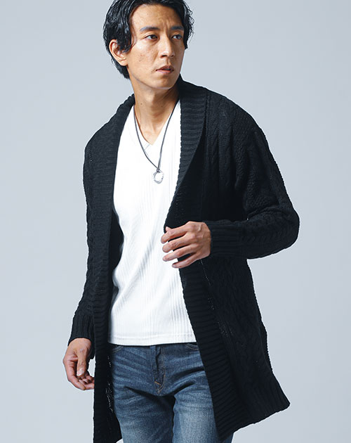 ショールカラーニット ロングカーディガン メンズ ショール