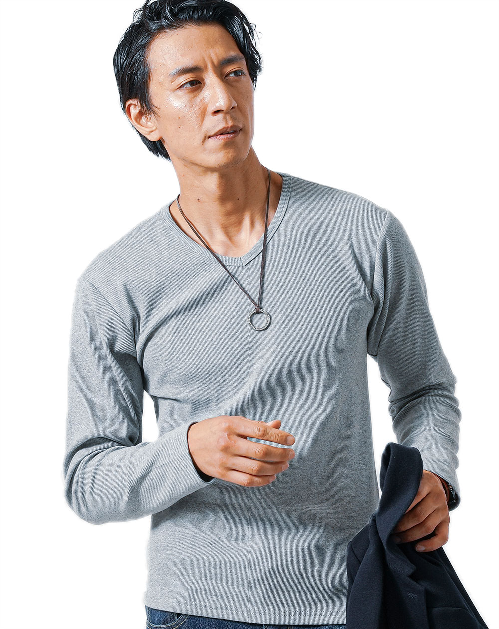 ロングtシャツ vネック ロンt メンズ テレコ 白 カットソー t