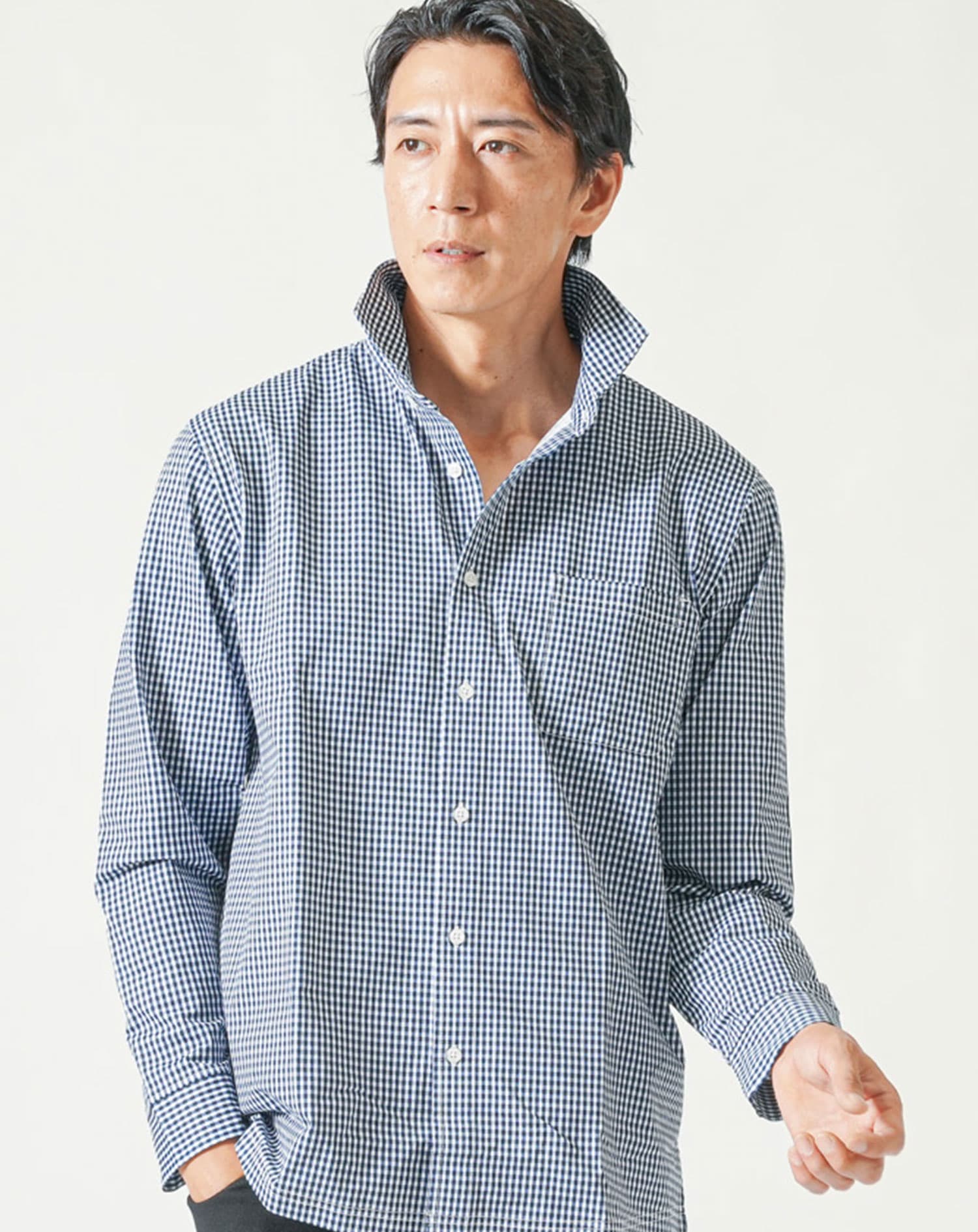 カットシャツ メンズ 長袖 ホリゾンタルカラー ストレッチ ストライプ