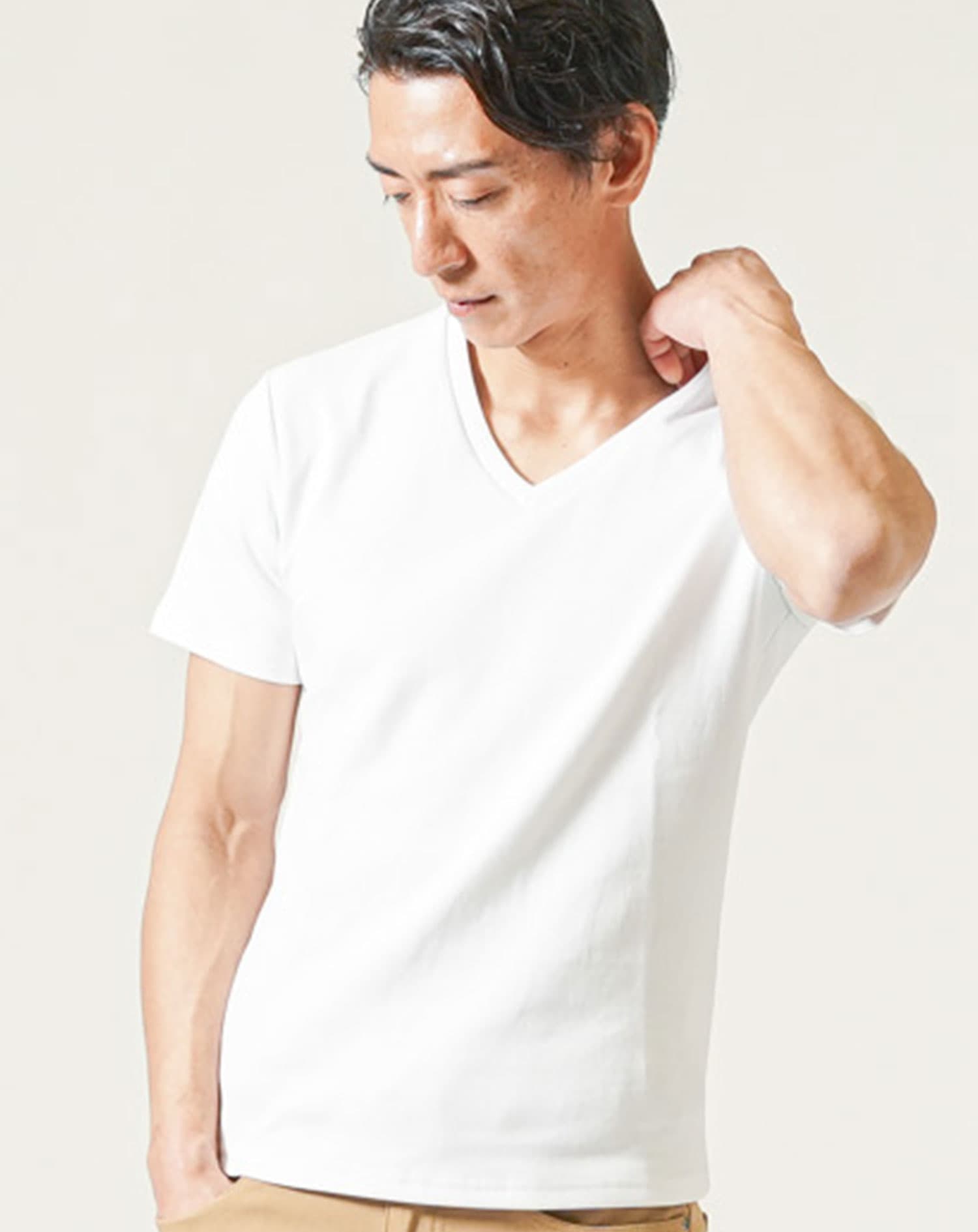 着丈短めtシャツ ショート丈 メンズ ジャケt vネック 白tシャツ 厚手