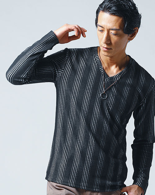 ストライプ Vネック 長袖カットソー vネック 長袖tシャツ カットソー メンズ イケオジファッション