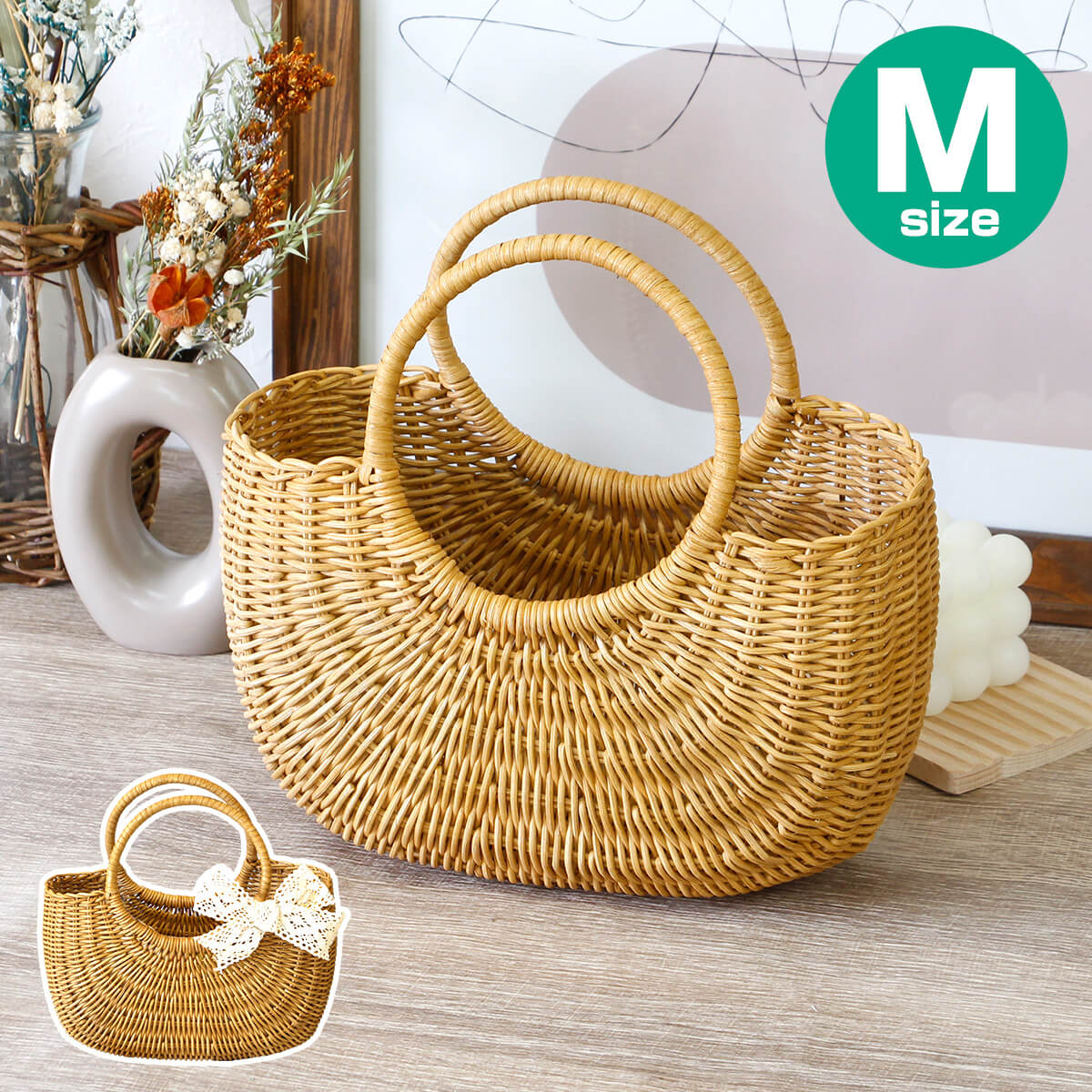 ラタン リングハンドル かごバッグ M/籐 リボン 半月型 ハンドバッグ