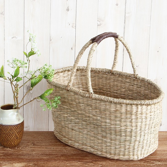 シーグラス バスケット 持ち手がパタン オーバル型 ランドリー