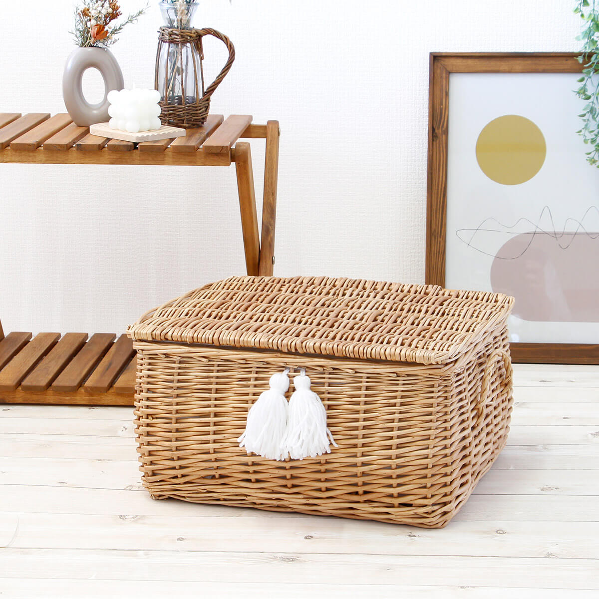 タッセル付きぽってりフタ付きバスケットL /おもちゃ箱 収納バスケット