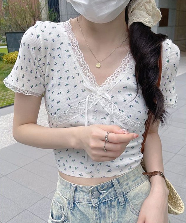 Lace Ladies（レースレディース） Vネック フリル リボン 半袖 リブ