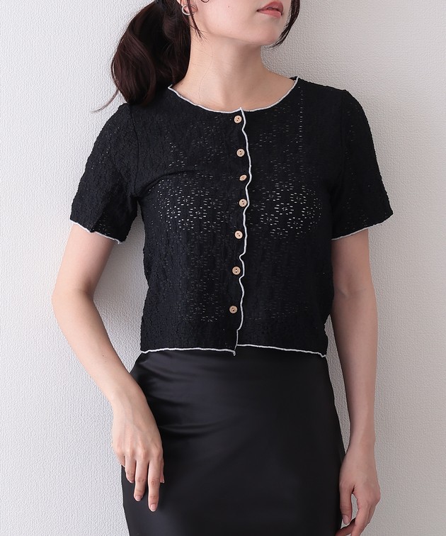 Leilian 透かし編み 半袖 トップス プルオーバー クロップド丈 黒 Lace Ladies（レースレディース） 透かし編み 花柄 パイピング 半袖
