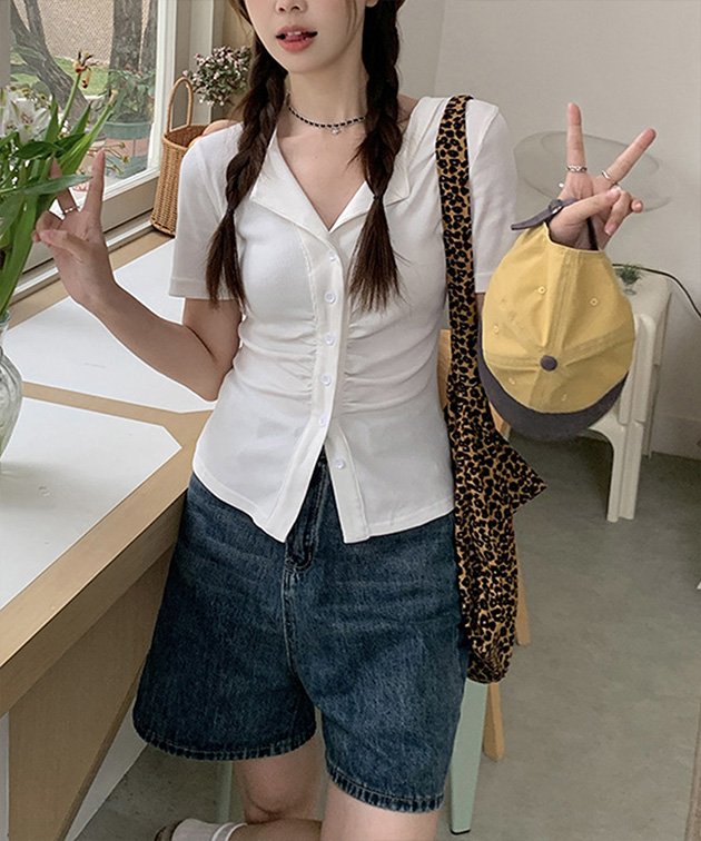 Lace Ladies（レースレディース） 開襟 フロントボタン ギャザー 半袖