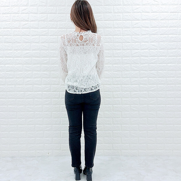 Lace Ladies 立ち襟 レース 長袖 ブラウス シャツ ホワイト