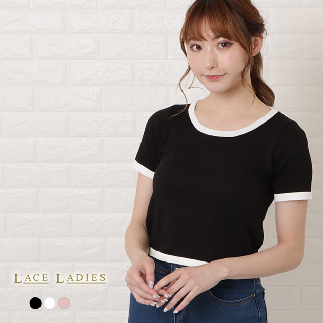 Lace Ladies パイピング 半袖 クロップド サマーニット Tシャツ