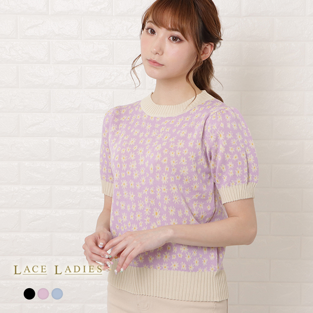 Lace Ladies 小花柄 ボリューム袖 プルオーバー トップス
