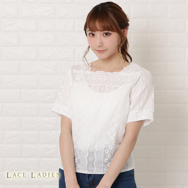ブラウス トップス シャツ Tシャツ レディース 夏 大きいサイズ 半袖 パフスリーブ 花柄 スクエアネック ガーリー フェミニン シワ加工 ホワイト シンプル リラ al224_01.jpg