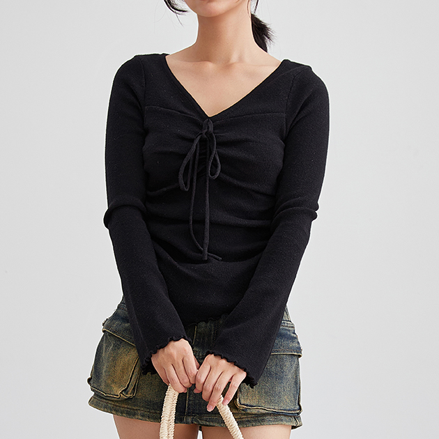 Lace Ladies（レースレディース） Vネック リボン シャーリング ニット