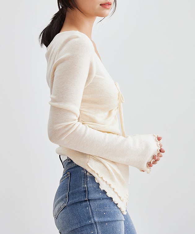 Lace Ladies（レースレディース） Vネック リボン シャーリング ニット