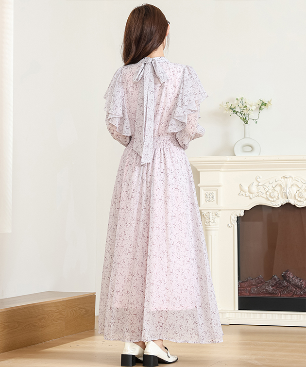 アンティーク調 花柄 フリル ロングワンピース Lace Ladies（レースレディース） 小花柄 フリル バックリボン ロング