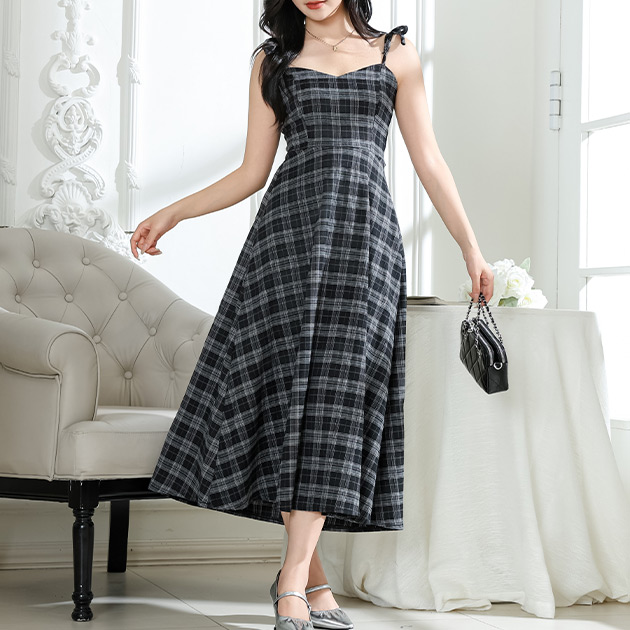 Lace Ladies タータンチェック 肩リボン ロング キャミソール