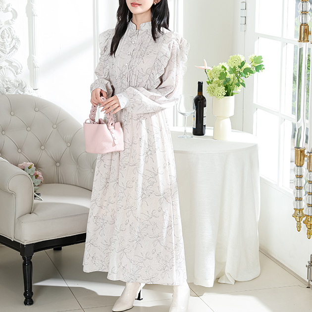 美品♪DAMA collection フラワープリントワンピース 13号 長袖 Lace Ladies（レースレディース） フラワー プリント フリル スタンド