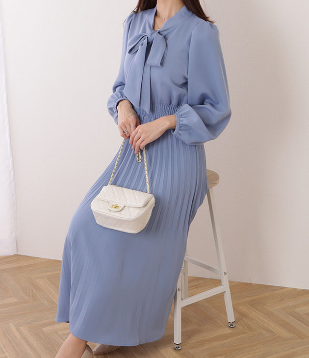 Lace Ladies ボウタイ付き パフスリーブ プリーツ ロング ワンピース