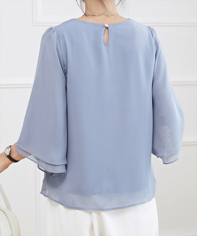 Lace Ladies フロントタック シアー 7分袖 フレア プルオーバー