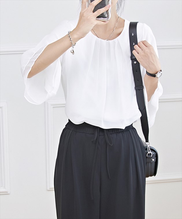 Lace Ladies フロントタック シアー 7分袖 フレア プルオーバー