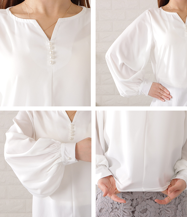 Lace Ladies（レースレディース） パールボタンキーネック長袖ブラウス 