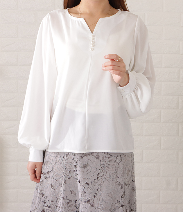 Lace Ladies（レースレディース） パールボタンキーネック長袖ブラウス 