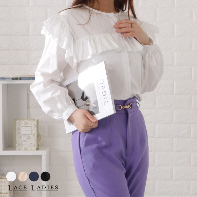 Lace Ladies ラウンドネックフリルギャザーブラウス 女性