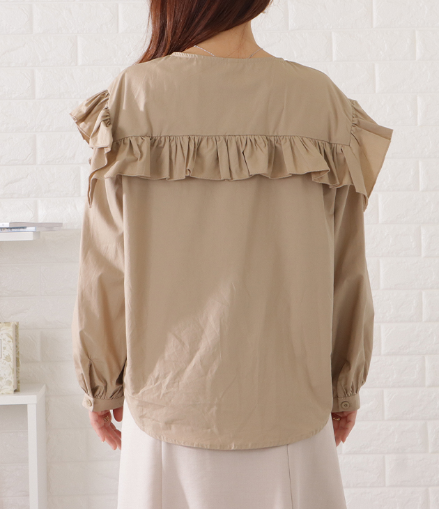 Lace Ladies ラウンドネックフリルギャザーブラウス 女性