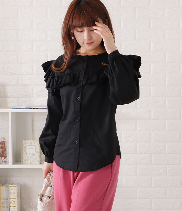 Lace Ladies ラウンドネックフリルギャザーブラウス 女性