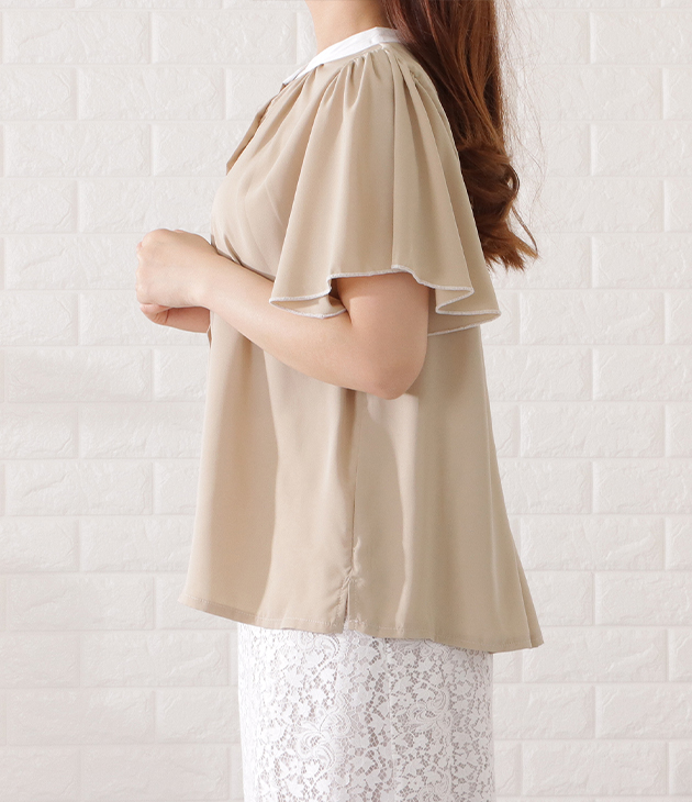 Lace Ladies 2WAYバイカラープチハイネック半袖シフォンブラウス