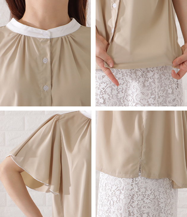 Lace Ladies 2WAYバイカラープチハイネック半袖シフォンブラウス