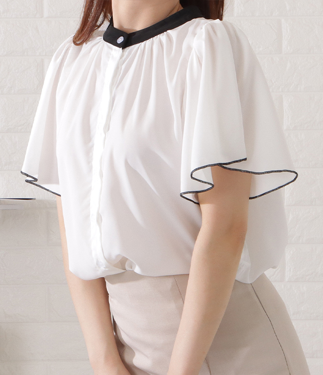 Lace Ladies 2WAYバイカラープチハイネック半袖シフォンブラウス
