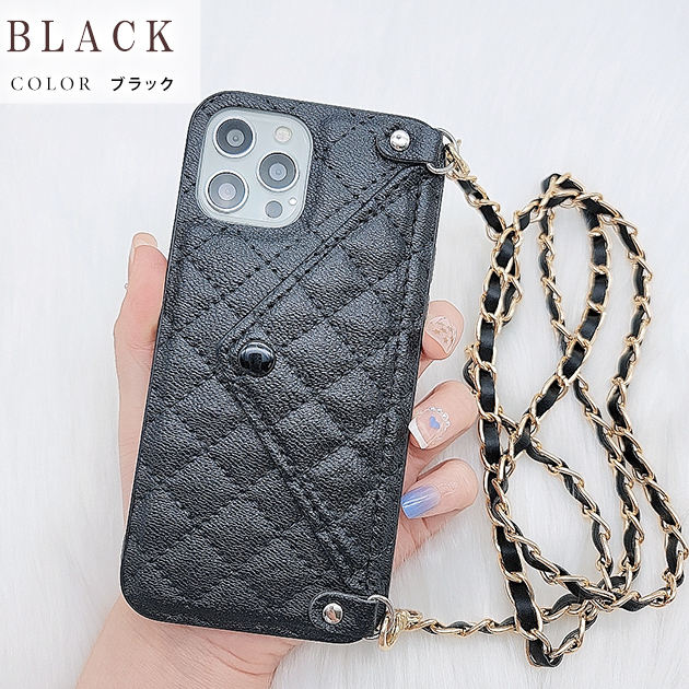 ブラック キルティング iPhone16 ケース チェーン付き チェーンショルダー付キルティングiPhoneケース | select shop miu