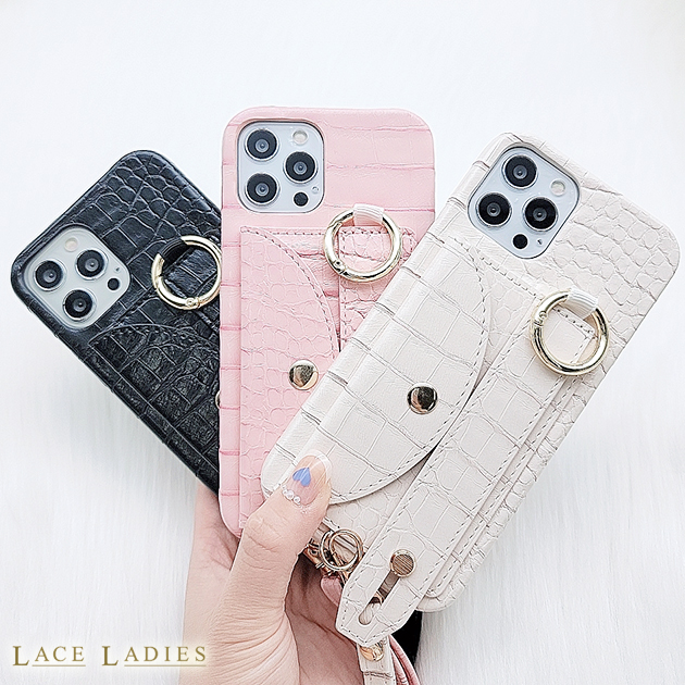 iPhoneケース ハードケース クロコ おしゃれ レディース ファッション Lace Ladies クロコ型押し ストラップ ベルト カードホルダー付