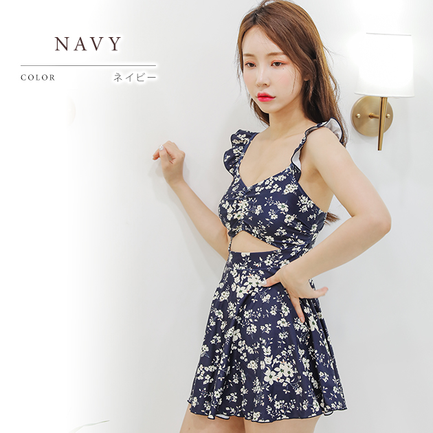 Lace Ladies レトロ花柄 肩紐フリルワンピース風 タンキニ 体系カバー