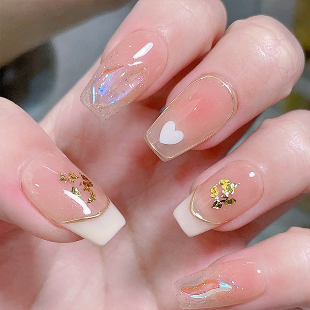 Yahoo! Yahoo!ショッピング(ヤフー ショッピング)バラエティ ラメ フレンチ スクエア ネイルチップ 女性 レディース 爪 ネイル シール つけ爪 シアー クリア 血色 キラキラ ハート シ